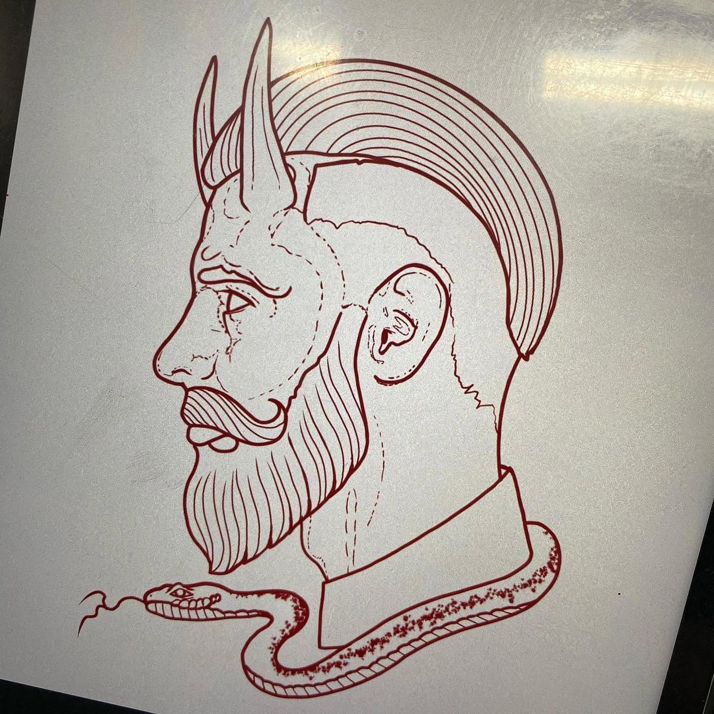 A line drawing of a horned figure with a snake, drawn for a tattoo